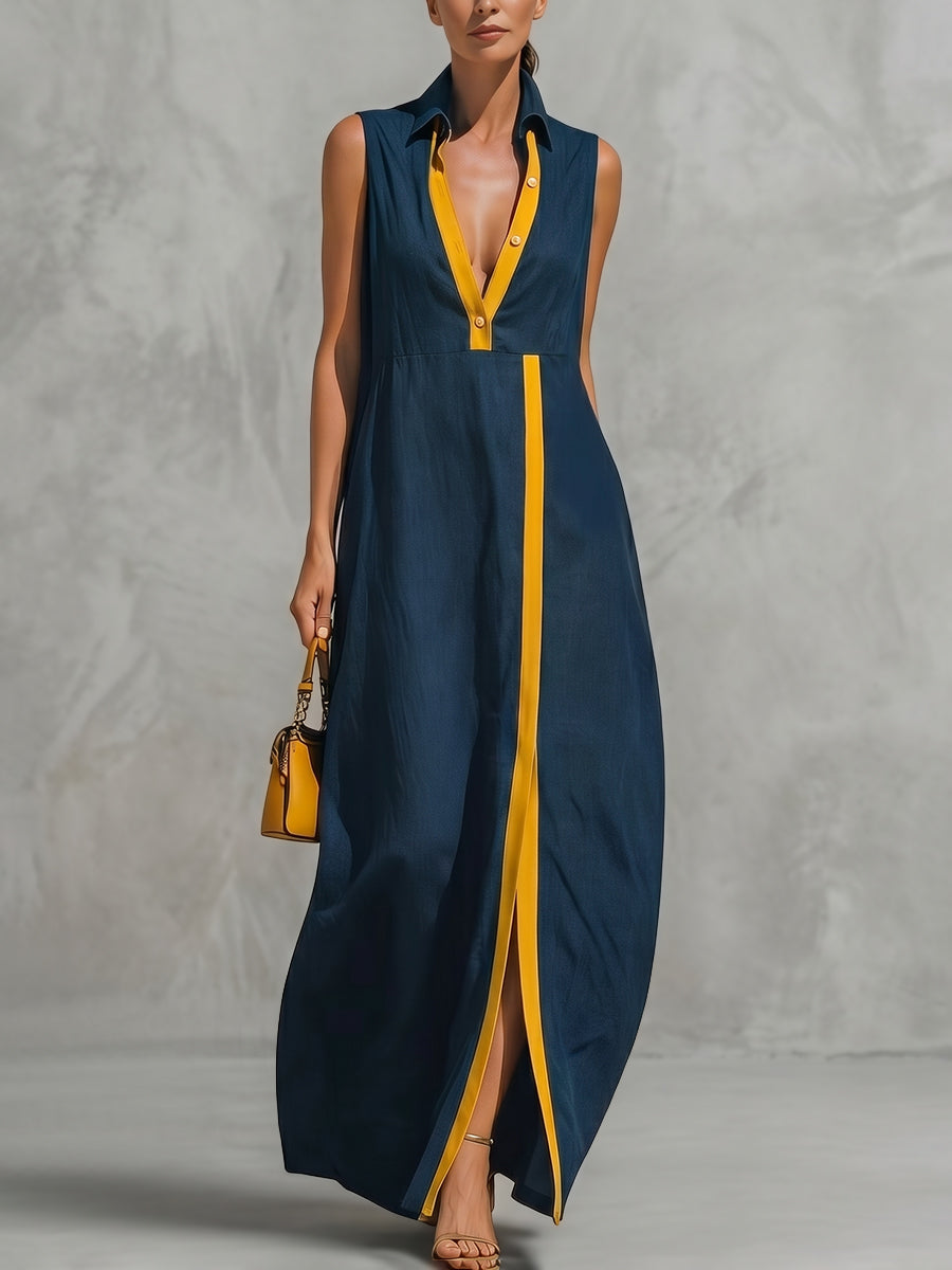 High Waisted Loose Buttoned Contrast Color Split-Front Zipper Lapel Maxi Dresses