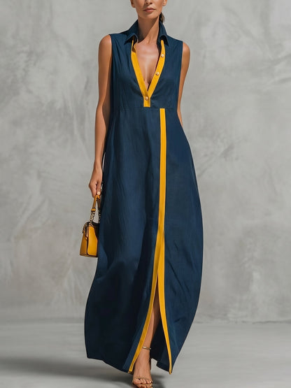 High Waisted Loose Buttoned Contrast Color Split-Front Zipper Lapel Maxi Dresses