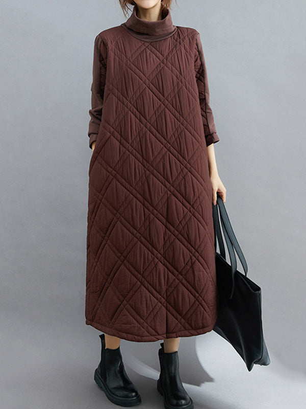 Simple Split-Joint High-Neck H-Line Quilted Midi Dress