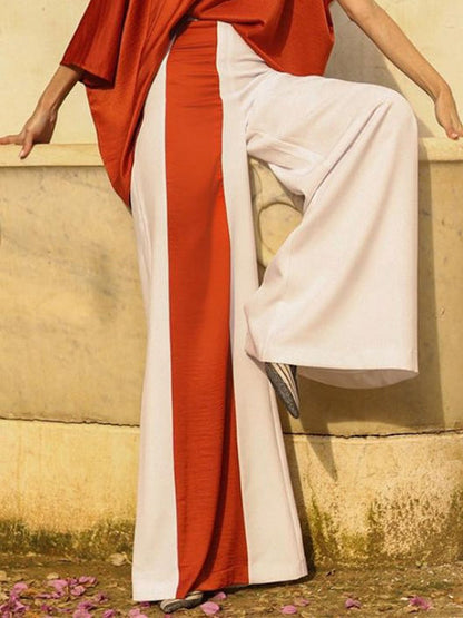Batwing Sleeves Half Sleeves Solid Color Top + Contrast Color Wide Leg Pants Two Pieces Set