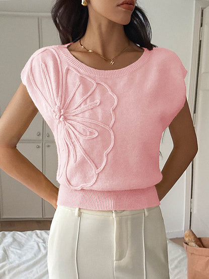 Short Sleeves Flower-Embellished Solid Color Split-Joint One-Shoulder Sweater Tops