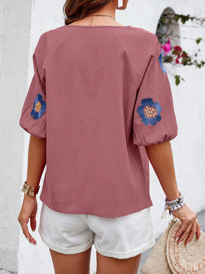 Half Sleeves Loose Contrast Color Embroidered Tied V-Neck Blouses&Shirts Tops