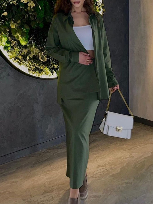 Solid Color High-Low Long Sleeves Buttoned Split-Side Lapel Shirts Top   Skirts Bottom Two Pieces Set