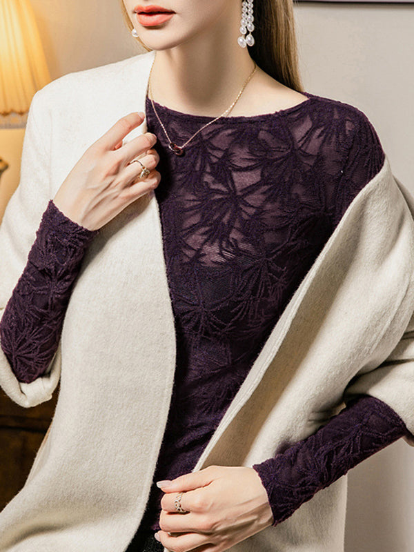 Long Sleeves Plus Size Hollow See-Through Solid Color Split-Side Round-Neck T-Shirts Tops
