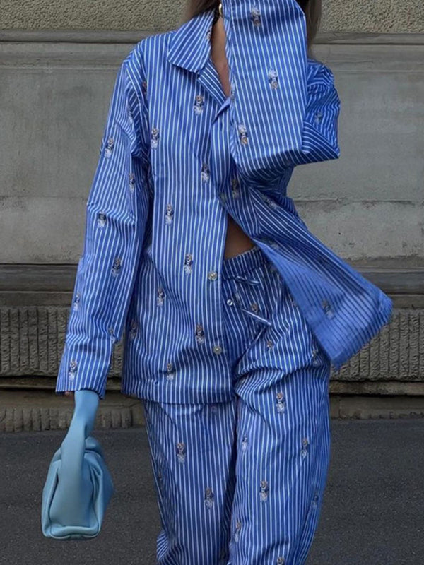 Long Sleeves Buttoned Cartoon Printed Contrast Color Striped Lapel Blouses Tops + Tied Waist High Waisted Pants Bottom Two Pieces Set