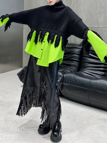 A-Line Long Sleeves Asymmetric Fringed Split-Joint High Neck Knitwear Pullovers Sweater Tops