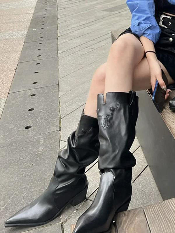 Chunky Shoes Pleated Pointed-Toe Solid Color Boots