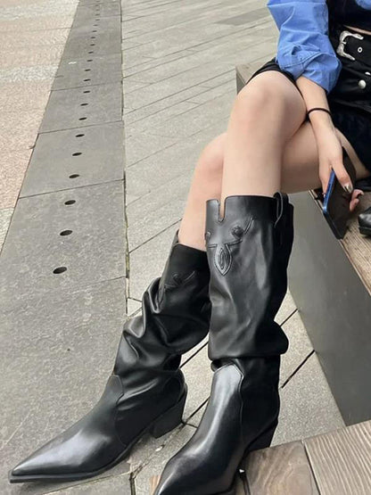 Chunky Shoes Pleated Pointed-Toe Solid Color Boots