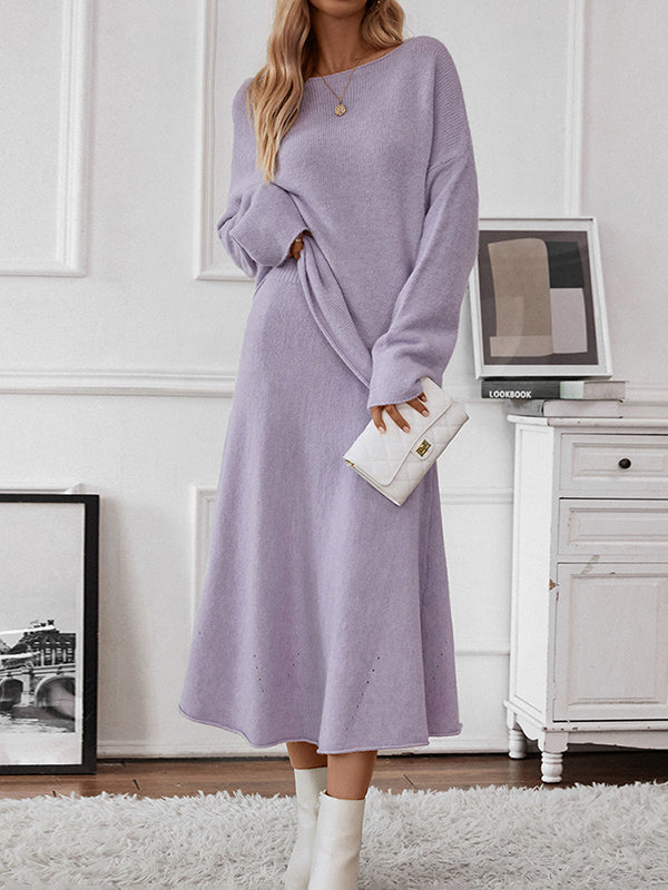 Loose Solid Color Long Sleeves Round-Neck Sweater Top + Skirt Two Pieces Set