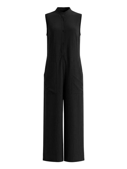 High Waisted Sleeveless Buttoned Pockets Solid Color Stand Collar Jumpsuits