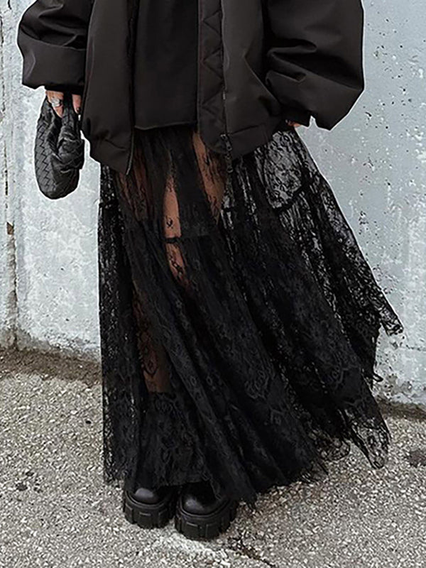 A-Line High Waisted Elasticity Hollow Jacquard Mesh See-Through Split-Joint Skirts Bottoms