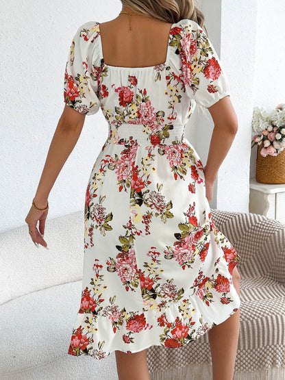 A-Line High Waisted Elasticity Floral Printed Pleated Ruffled Off-The-Shoulder Midi Dresses