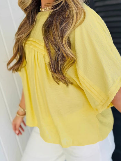 Half Sleeves Loose Drawstring Pleated Solid Color Split-Joint Round-Neck Blouses&Shirts Tops