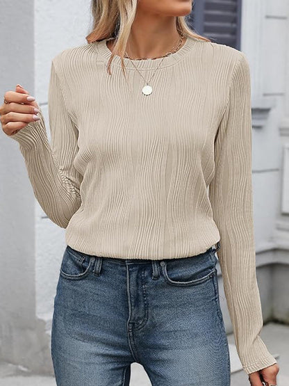 Long Sleeves Loose Solid Color Round-Neck T-Shirts Tops