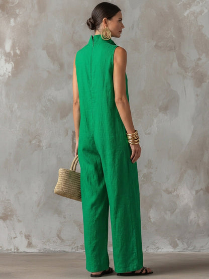 Loose Sleeveless Buttoned Pockets Solid Color Stand Collar Jumpsuits