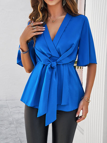 Flared Sleeves Half Sleeves Solid Color Tied V-Neck Blouses&Shirts Tops