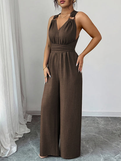 High Waisted Sleeveless Backless Solid Color Tied Spaghetti-Neck Jumpsuits
