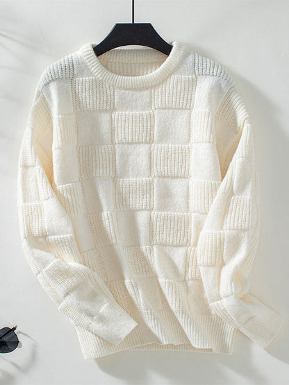 Long Sleeves Loose Solid Color Split-Joint Round-Neck Pullovers Sweater Tops