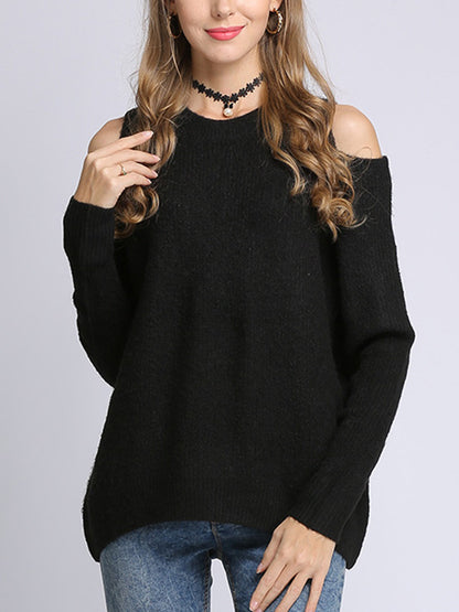 Long Sleeves Loose Hollow Solid Color Round-Neck Knitwear Pullovers Sweater Tops