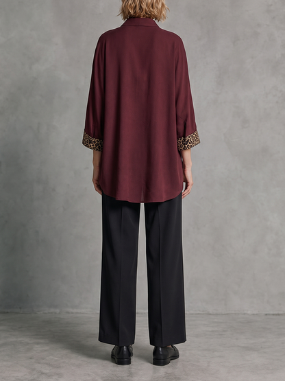 Tied Split-Joint Leopard Contrast Color Three-quarter Sleeves Loose Lapel Blouses&shirts Tops