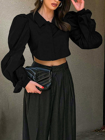 Bishop Sleeve Long Sleeves Buttoned Elasticity Solid Color Lapel Blouses&Shirts Tops