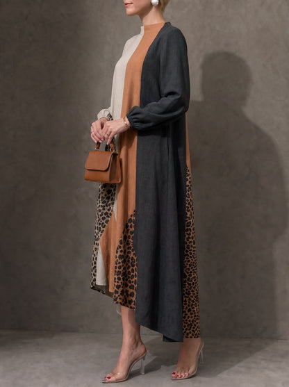 Zipper Split-Joint Leopard Elasticity Contrast Color Loose Long Sleeves Round-neck Maxi Dresses