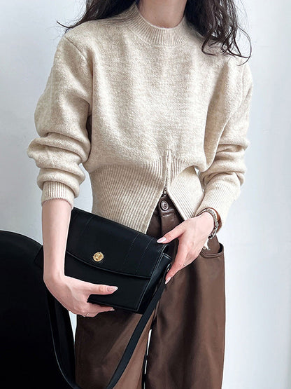 Long Sleeves Loose Solid Color Zipper Mock Neck Pullovers Sweater Tops