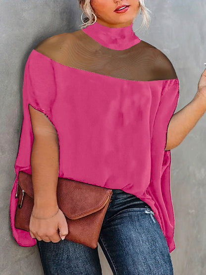 Batwing Sleeves Plus Size Cape See-Through Solid Color Split-Toe High-Neck Blouses&Shirts Tops