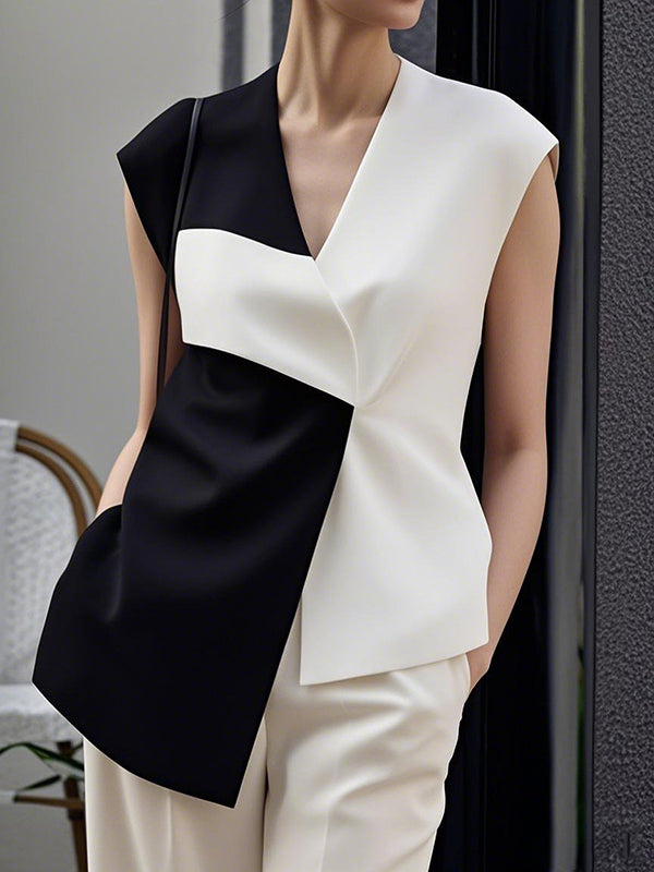Loose Sleeveless Asymmetric Contrast Color V-Neck Vest Top