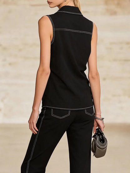 Loose Sleeveless Line Solid Color Lapel Vest Top
