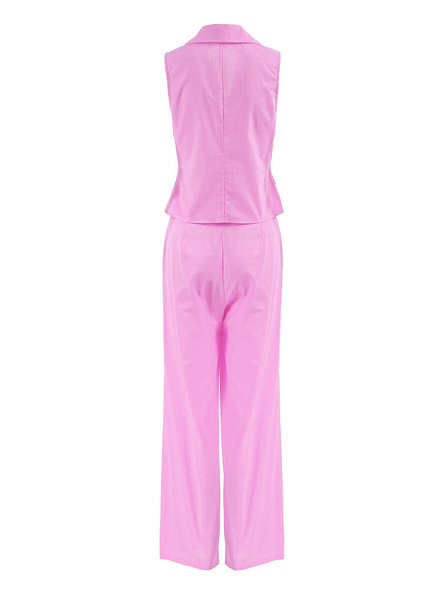Loose Sleeveless Buttoned Elasticity Pleated Solid Color Lapel Pants Trousers Two Pieces Set Vest Top