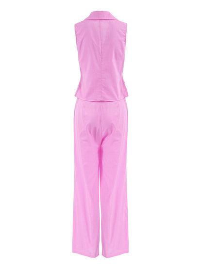 Loose Sleeveless Buttoned Elasticity Pleated Solid Color Lapel Pants Trousers Two Pieces Set Vest Top