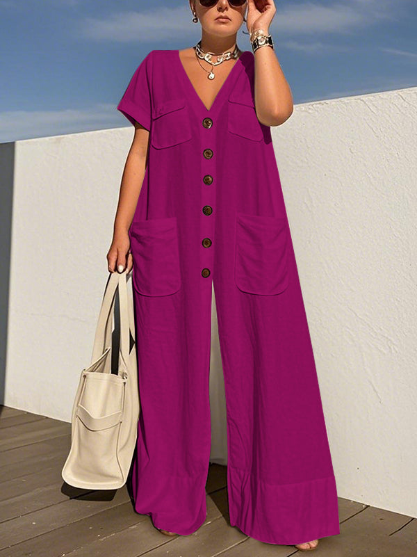 Loose Short Sleeves Buttoned Pockets Solid Color V-Neck Jumpsuits