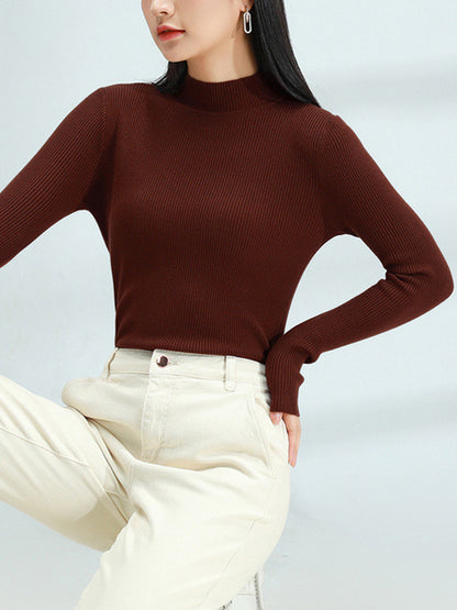 Long Sleeves Skinny Solid Color Mock Neck Knitwear Pullovers Sweater Tops