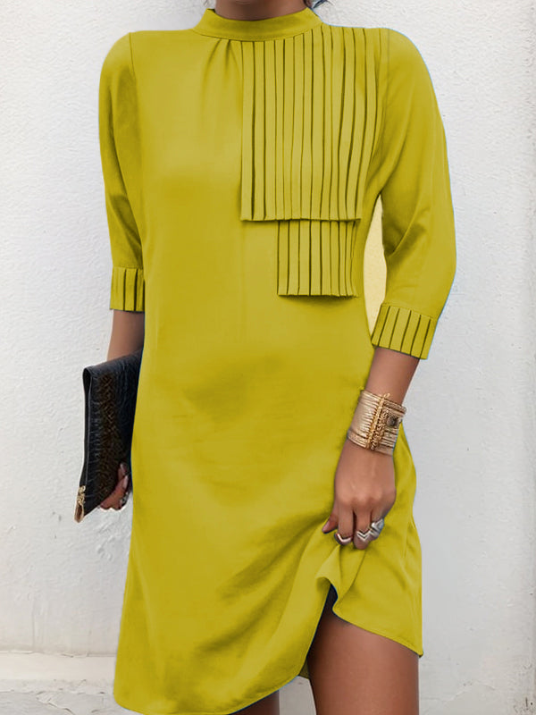 Loose Three-quarter Sleeves Buttoned Pleated Solid Color Split-Joint Tasseled Mock Neck Mini Dresses