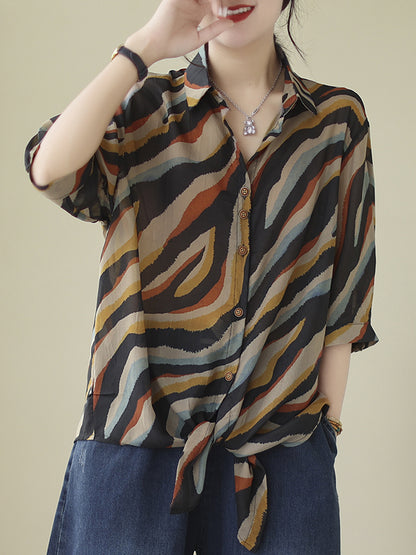 Long Sleeves Loose Buttoned Tied Zebra-Stripe Lapel Blouses&Shirts Tops