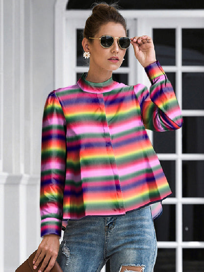 Long Sleeves Buttoned Multi-Colored Printed Mock Neck Blouses&Shirts Tops