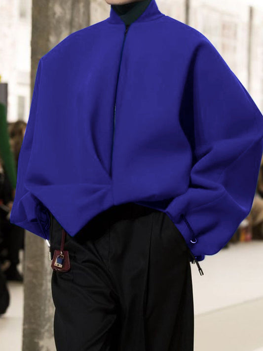 Loose Puff Sleeves Asymmetric Split-Joint Zipper Stand Collar Outerwear