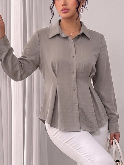 Tied Split-Joint Solid Color Pockets Pleated Buttoned Long Sleeves Lapel Blouses&Shirts Tops