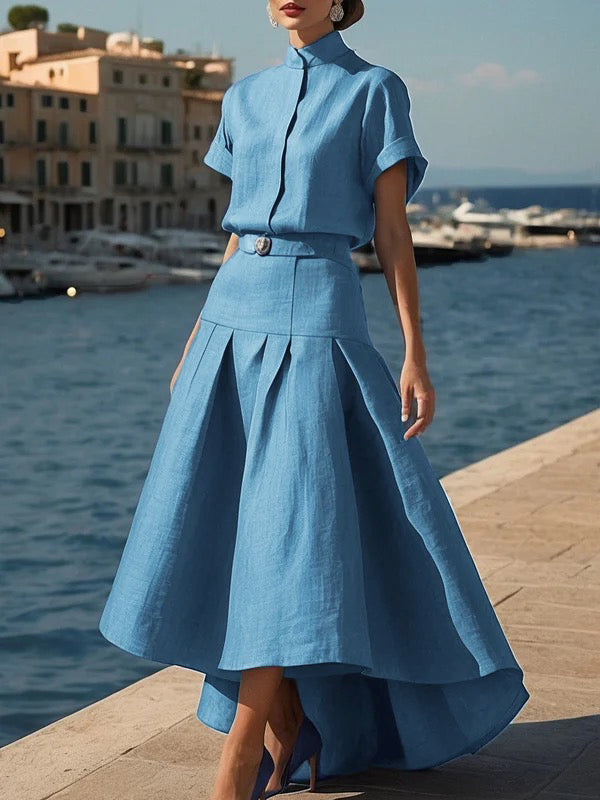 High Waisted High-Low Belted Pleated Solid Color Skirts Bottoms