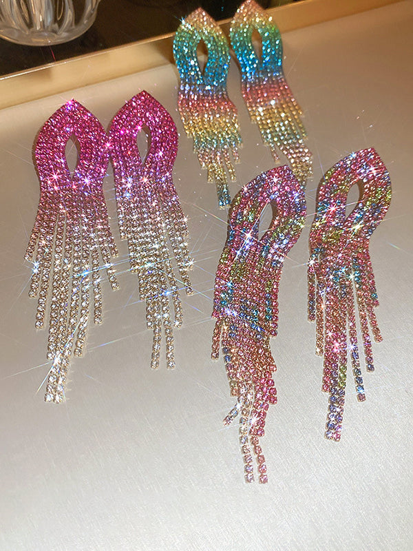 Gradient Hollow Rhine Stones Tasseled Drop Earrings