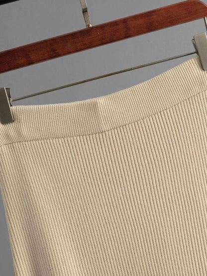 Loose Puff Sleeves Hollow Solid Color Sweater + Elasticity Skirt Two Pieces Set