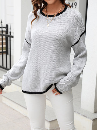 Long Sleeves Loose Contrast Color Split-Joint Round-Neck Pullovers Sweater Tops