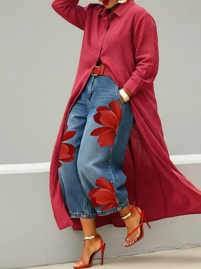 Long Sleeves Loose Buttoned Solid Color Lapel Blouses&Shirts Tops