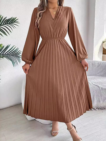 A-Line High Waisted Elasticity Pleated Solid Color V-Neck Maxi Dresses