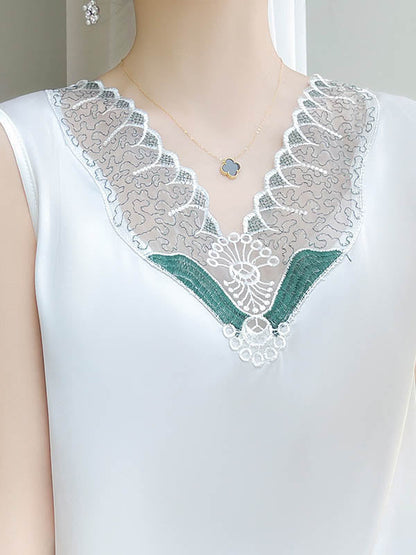 Loose Sleeveless Embroidered Mesh Split-Joint V-Neck Vest Top
