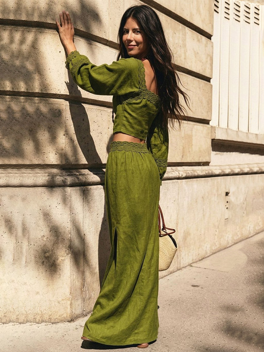 Split-side Solid Color Backless Long Sleeves High Waisted Square-neck Two Pieces Set Skirts Bottoms + Blouses&shirts Tops