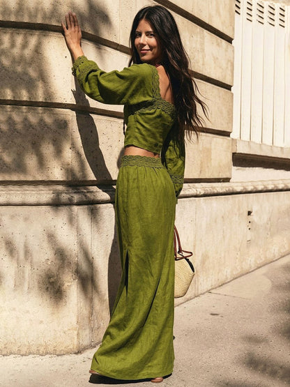 Split-side Solid Color Backless Long Sleeves High Waisted Square-neck Two Pieces Set Skirts Bottoms + Blouses&shirts Tops