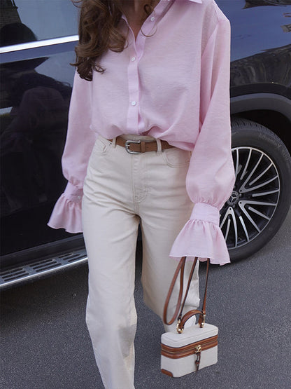 Loose Puff Sleeves Pleated Solid Color Split-Joint Lapel Blouses&Shirts Tops