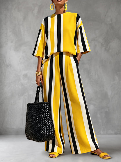 Striped Pockets Elasticity Contrast Color Wide Leg Loose Trousers Pants